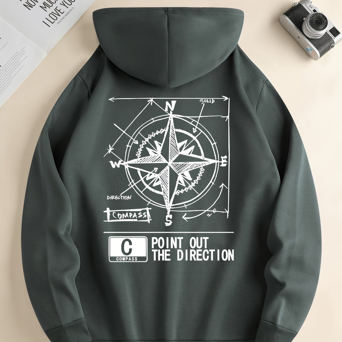 Green Compass Pattern Hoodie | Casual Pullover for All Seasons