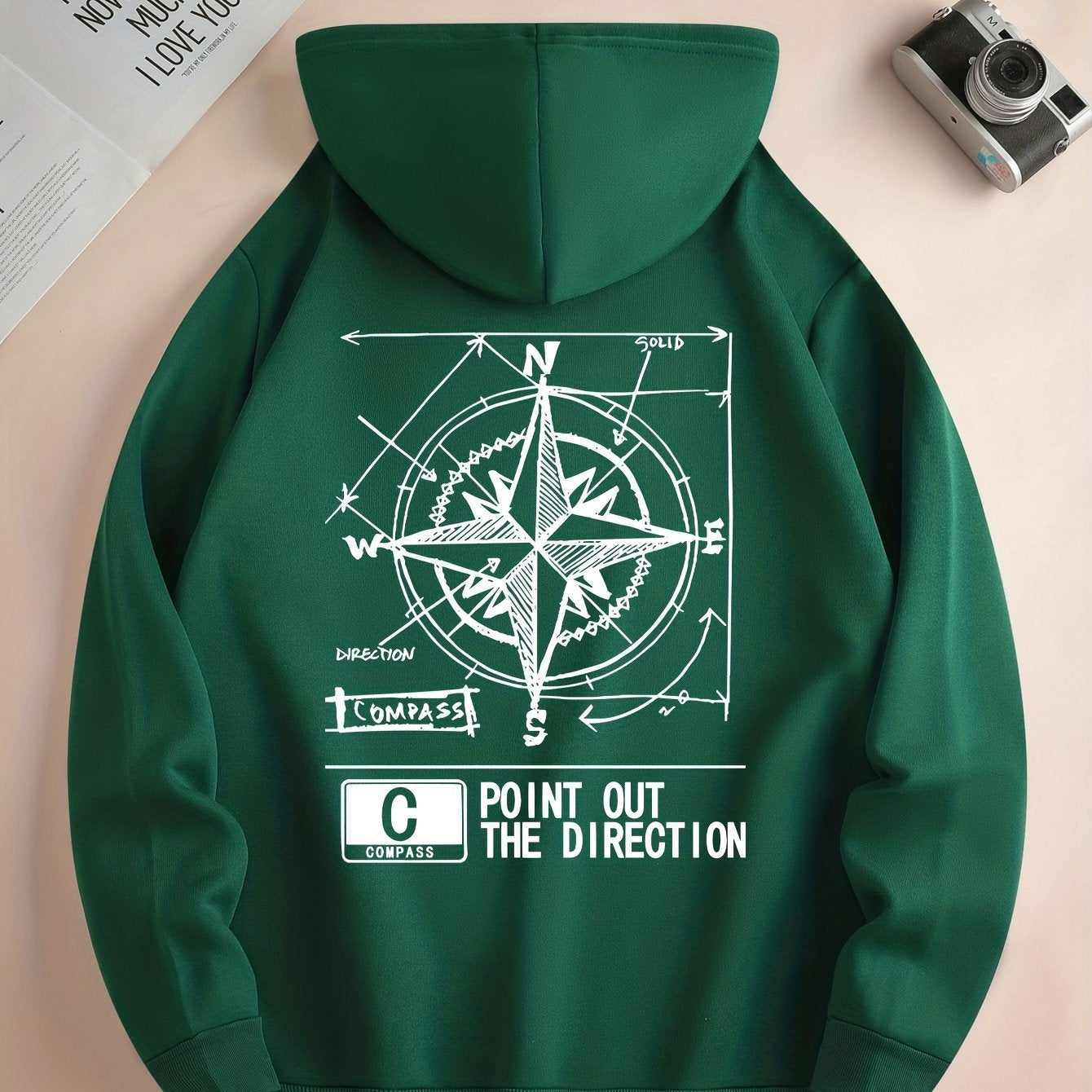 Green Compass Pattern Hoodie | Casual Pullover for All Seasons