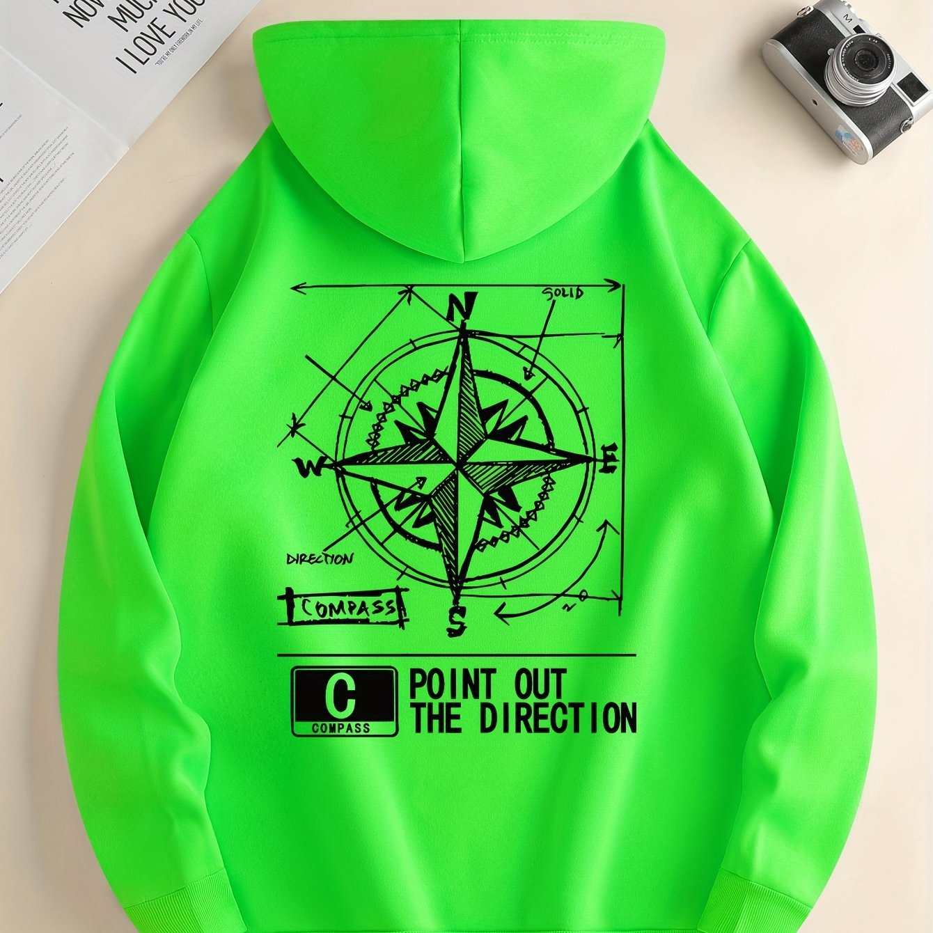 Green Compass Pattern Hoodie | Casual Pullover for All Seasons