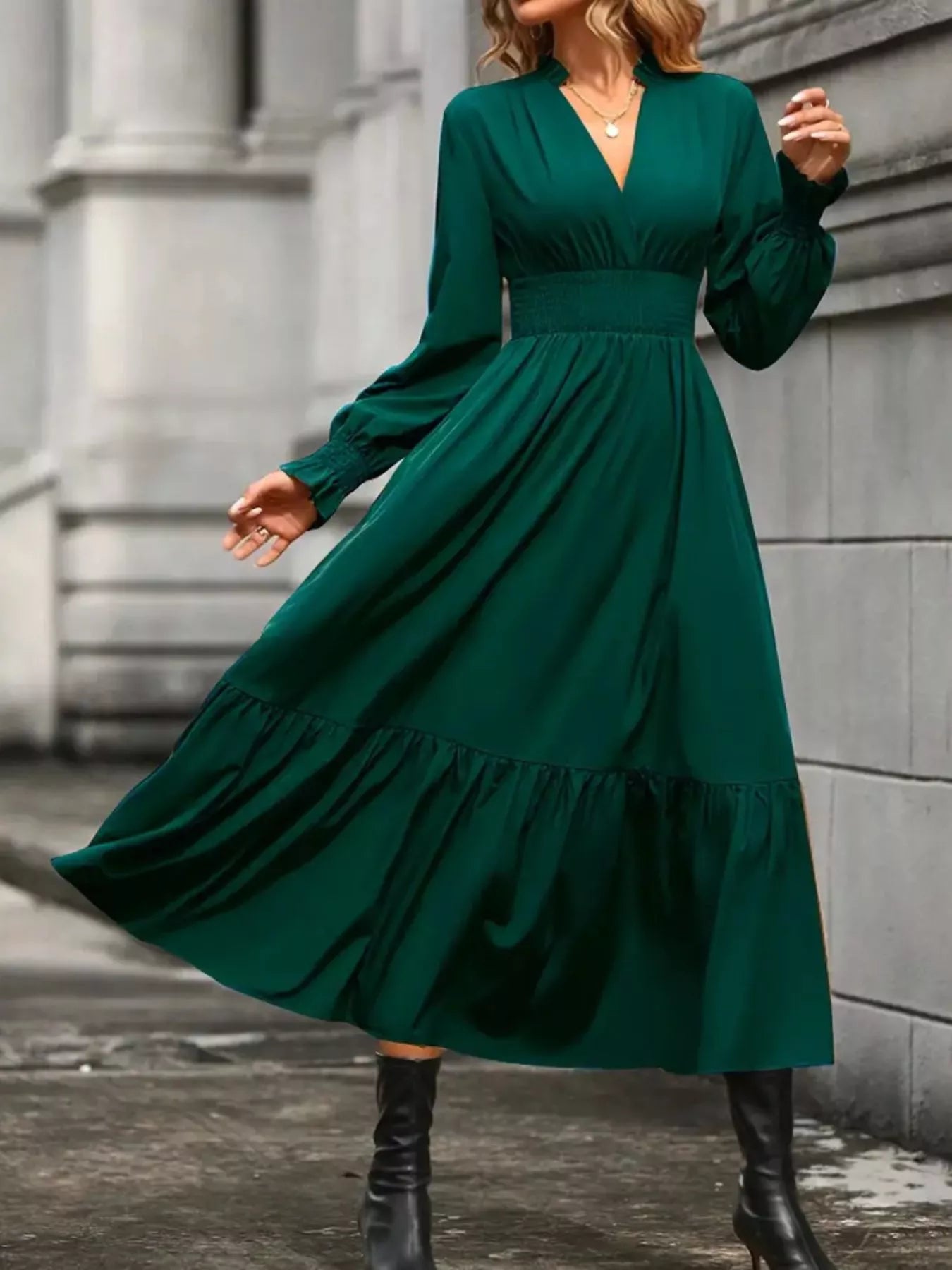 Fashoner ruched long sleeve midi evening dress