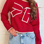 Contrast Trim Bow Accent Holiday Cropped Sweater Front View