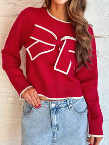 Contrast Trim Bow Accent Holiday Cropped Sweater Front View