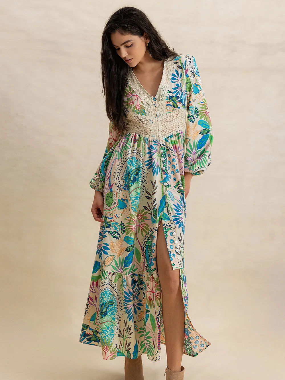 Stylish printed v-neck midi dress for women