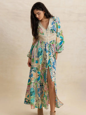 Stylish printed v-neck midi dress for women