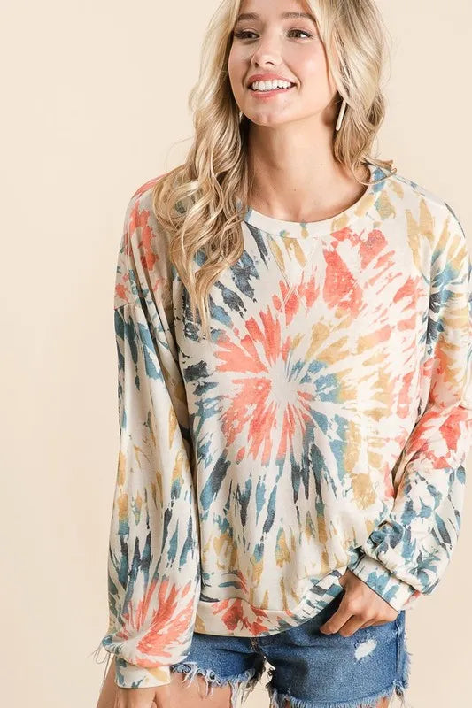 fashoner BiBi Tie Dye Print Terry Pullover front view – trendy women’s sweatshirt