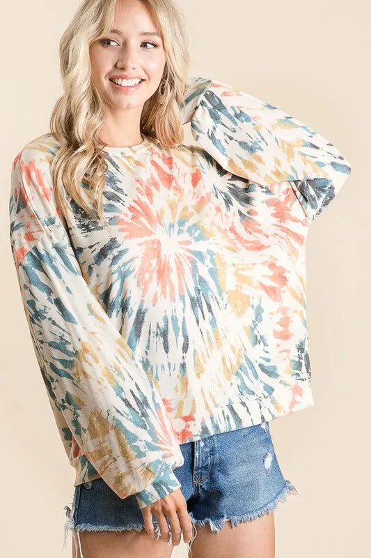 fashoner BiBi Tie Dye Print Terry Pullover side profile – colorful pullover top