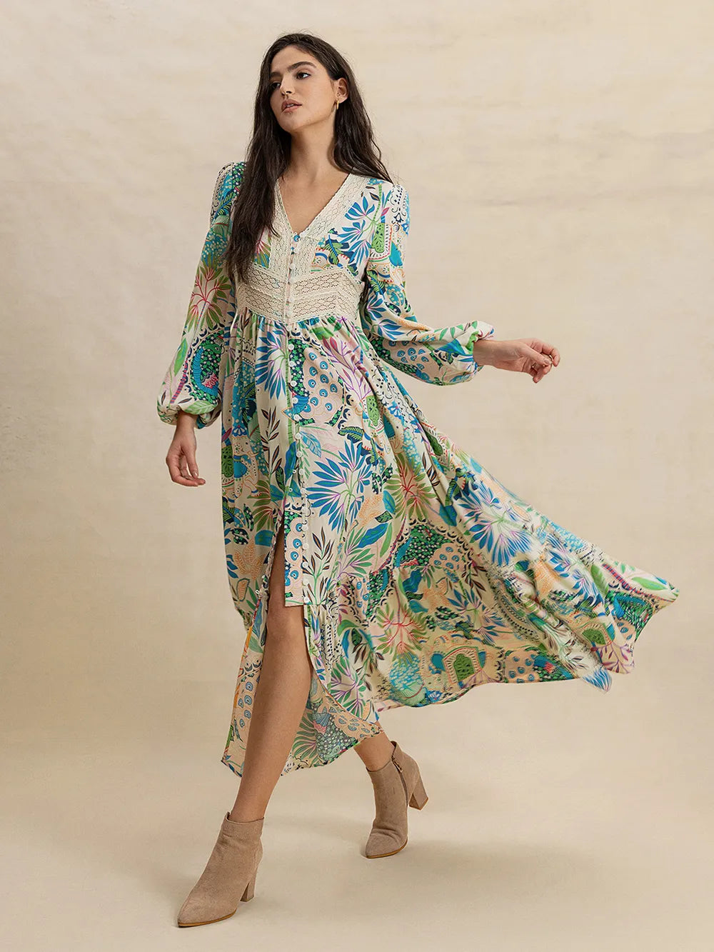 Fashoner slit printed v-neck long sleeve midi dress