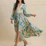 Fashoner slit printed v-neck long sleeve midi dress