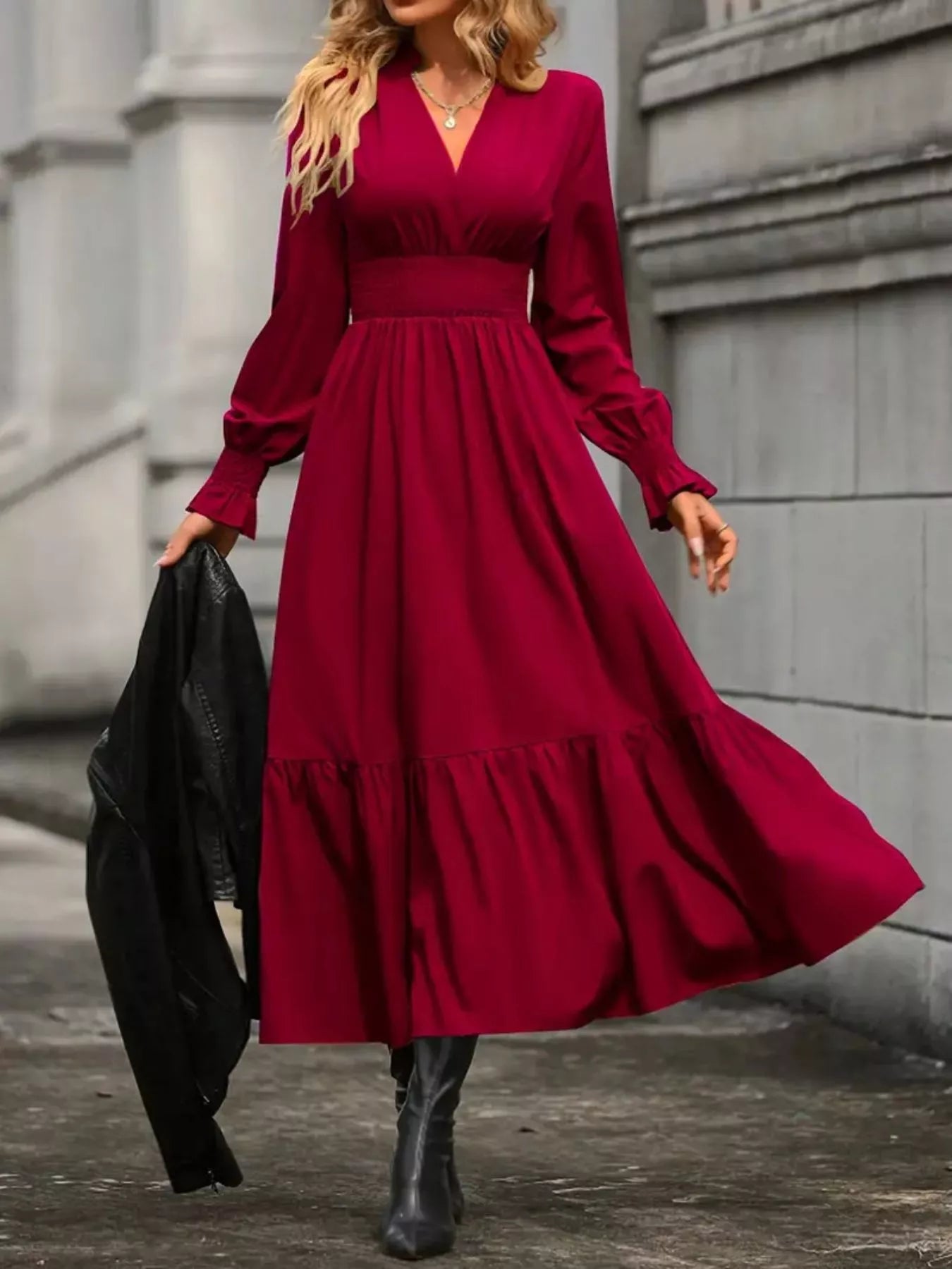 Fashoner surplice long sleeve tiered midi dress
