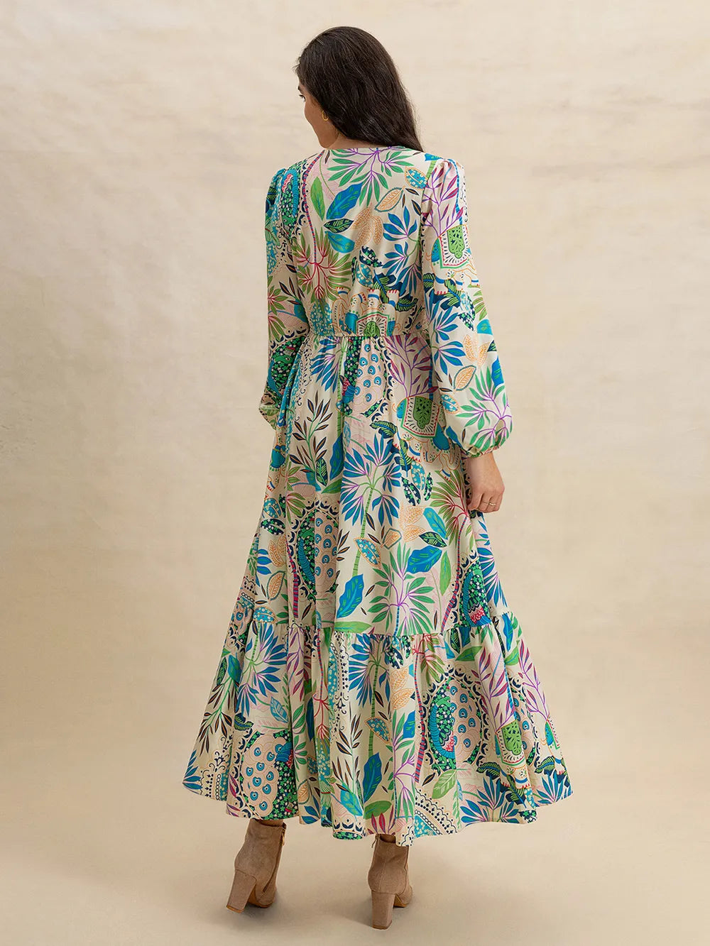Opaque printed long sleeve v-neck midi dress