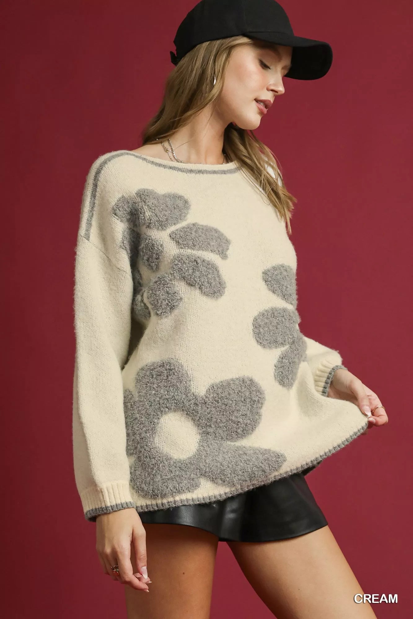 fashoner Umgee Floral Jacquard Knit Sweater side profile – cozy women’s sweater