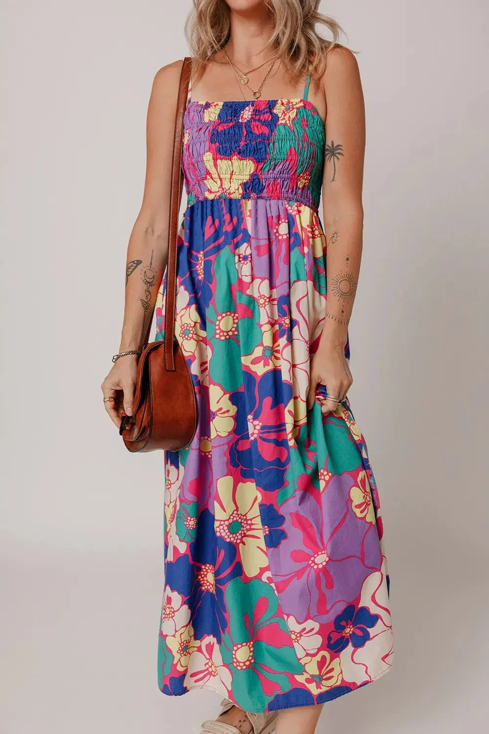 Floral Print Shirred Spaghetti Strap Loose Maxi Dress Front View
