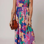 Floral Print Shirred Spaghetti Strap Loose Maxi Dress Front View