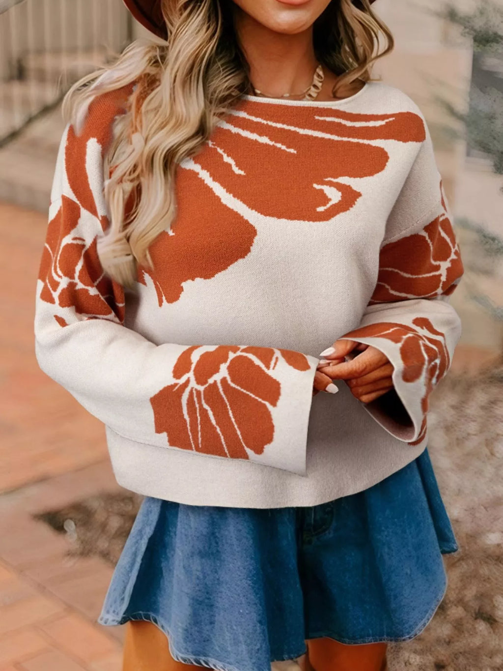 Flower Pattern Wide Sleeve Baggy Sweater Front View