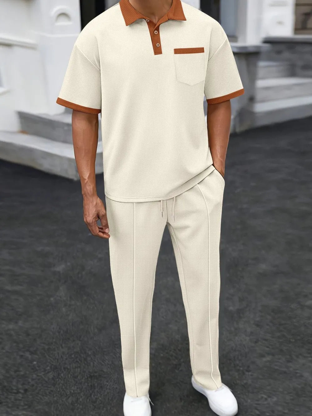 Men’s Waffle-Knit Contrast Polo and Pants Set Front View