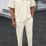Men’s Waffle-Knit Contrast Polo and Pants Set Front View