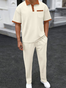 Men’s Waffle-Knit Contrast Polo and Pants Set Front View