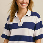 Oh Pima Cotton Color Block Johnny Collar Half Sleeve Top Front View
