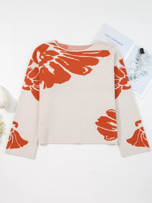Wide Sleeve Knit Sweater with Flower Print