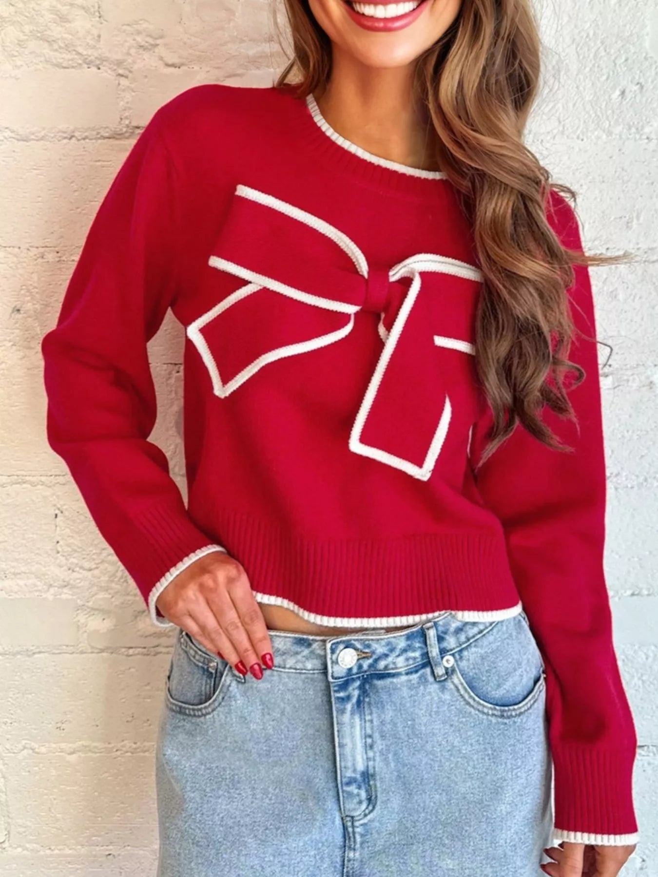 Women’s Contrast Trim Bow Accent Knit Sweater