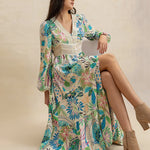Elegant printed midi dress with button and slit design