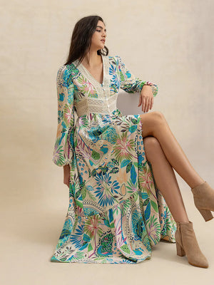 Elegant printed midi dress with button and slit design